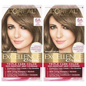 l'oreal paris excellence creme permanent hair color, 6a light ash brown, 100 percent gray coverage hair dye, pack of 2