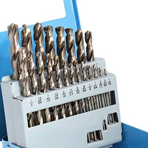 comoware cobalt drill bit set- 21pcs m35 high speed steel twist jobber length for hardened metal, stainless steel, cast iron and wood plastic with metal indexed storage case, 1/16"-3/8"