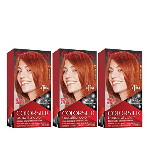 Revlon Permanent Hair Color, Permanent Hair Dye, Colorsilk with 100% Gray Coverage, Ammonia-Free, Keratin and Amino Acids, 45 Bright Auburn, 4.4 Oz (Pack of 3)