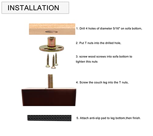 cSeao 4-Pack 6 Inches Wood Furniture Legs, Couch Legs, Sofa Legs, Mid Century, with 5/16 inch Bolts for Couch Ottoman Loveseat Coffee Table Cabinet