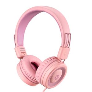 kids headphones-noot products k11 foldable stereo tangle-free 5ft long cord 3.5mm jack plug in wired on-ear headset for ipad/amazon kindle,fire/girls/boys/school/laptop/travel/plane/tablet-soft pink