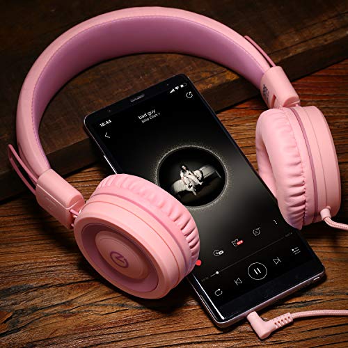 Kids Headphones-noot products K11 Foldable Stereo Tangle-Free 5ft Long Cord 3.5mm Jack Plug in Wired On-Ear Headset for iPad/Amazon Kindle,Fire/Girls/Boys/School/Laptop/Travel/Plane/Tablet-Soft Pink