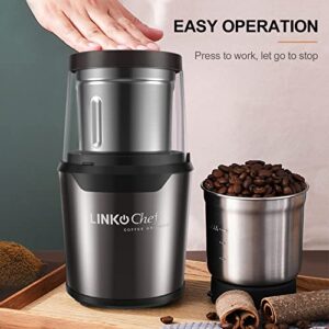 LINKchef Coffee Grinder Electric and Spice Grinder, Herb Grinder, Coffee Bean Grinder, Wet and Dry Grinder With 1 Removable Stainless Steel Bowl, Max 80g Capacity, 12 Cups Coffee