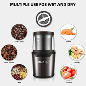 LINKchef Coffee Grinder Electric and Spice Grinder, Herb Grinder, Coffee Bean Grinder, Wet and Dry Grinder With 1 Removable Stainless Steel Bowl, Max 80g Capacity, 12 Cups Coffee