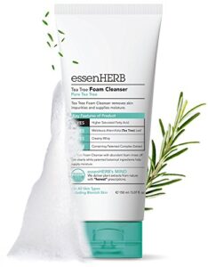 essenherb tea tree foam cleanser, creates a creamy foam that soothes and moisturizes, for all skin types including blemishes. (150ml)