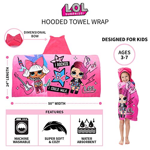 L.O.L. Surprise Soft Cotton Hooded Bath Towel Wrap, 24” x 50”, Pink