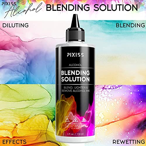 Alcohol Ink Blending Solution (4-Ounce), Pixiss Alcohol Ink Blending Solution Tools, Pixiss Needle Tip Applicator and Refill Bottles and Funnel - Bundle for Yupo Paper and Resin