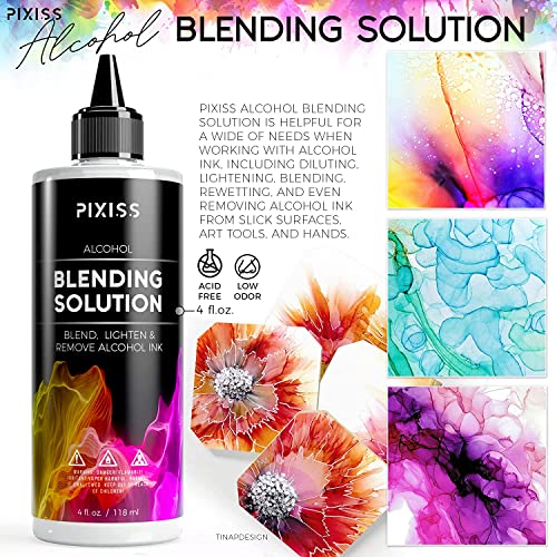 Alcohol Ink Blending Solution (4-Ounce), Pixiss Alcohol Ink Blending Solution Tools, Pixiss Needle Tip Applicator and Refill Bottles and Funnel - Bundle for Yupo Paper and Resin