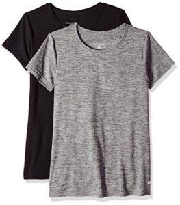 amazon essentials women's tech stretch short-sleeve crewneck t-shirt (available in plus size), pack of 2, black/dark grey space dye, x-large