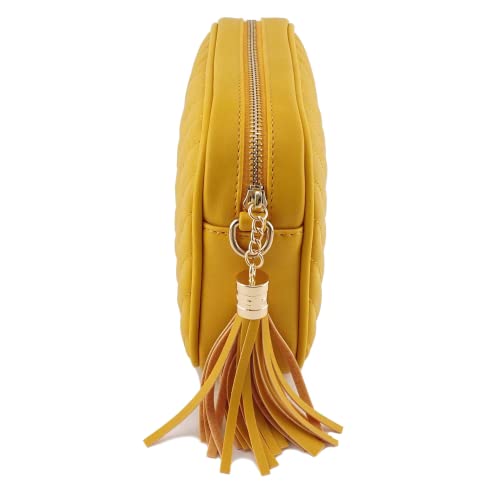 Simple Shoulder Crossbody Bag With Metal Chain Strap And Tassel Top Zipper (Mustard)