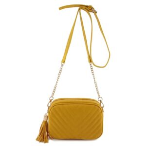 Simple Shoulder Crossbody Bag With Metal Chain Strap And Tassel Top Zipper (Mustard)