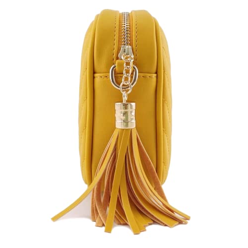 Simple Shoulder Crossbody Bag With Metal Chain Strap And Tassel Top Zipper (Mustard)