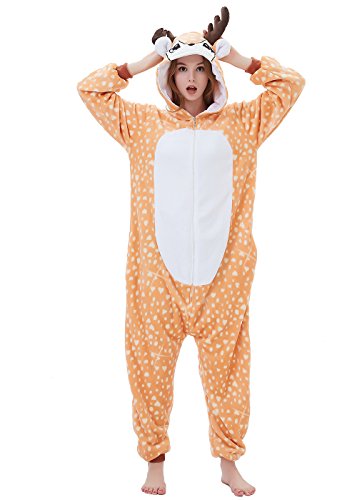 ABENCA Women Deer Onesie Pajama Reindeer Costume Adult Animal Halloween Christmas Cosplay Fawn Onepiece, M