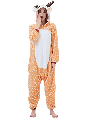 ABENCA Women Deer Onesie Pajama Reindeer Costume Adult Animal Halloween Christmas Cosplay Fawn Onepiece, M