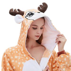 ABENCA Women Deer Onesie Pajama Reindeer Costume Adult Animal Halloween Christmas Cosplay Fawn Onepiece, M