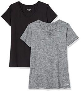 amazon essentials women's tech stretch short-sleeve v-neck t-shirt (available in plus size), pack of 2, black/dark grey space dye, medium