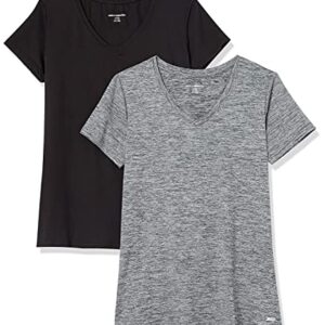 Amazon Essentials Women's Tech Stretch Short-Sleeve V-Neck T-Shirt (Available in Plus Size), Pack of 2, Black/Dark Grey Space Dye, Medium