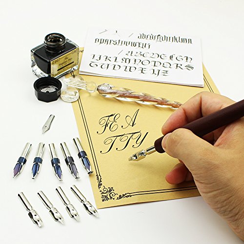 FEATTY Calligraphy Pen Set - 15-Piece Kit - Glass Pen - 11 Nib & 1 Ink Set