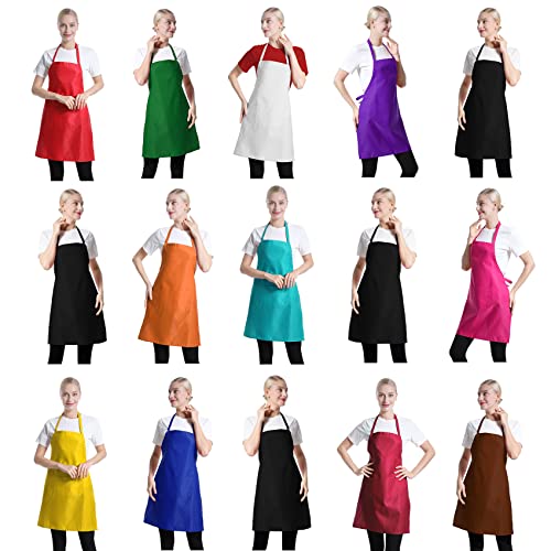 TSD STORY Total 15 PCS Mixed Plain Color Bib Aprons Bulk for Women Men Adult with 2 Front Pockets Chef Cooking Painting Baking(12colours ,15pcs)