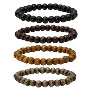 eigso 4 pcs 8mm wood beads bracelets for women and men mala prayer meditation wrist bracelet elastic 7-7.5" adjustable