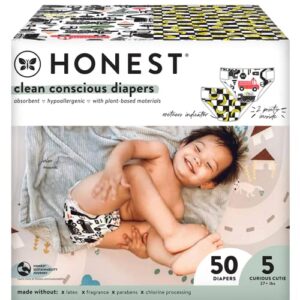 the honest company clean conscious diapers | plant-based, sustainable | big trucks + so bananas | club box, size 5 (27+ lbs), 50 count