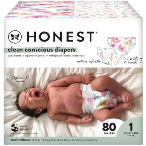 the honest company clean conscious diapers | plant-based, sustainable | rose blossom + tutu cute | club box, size 1 (8-14 lbs), 80 count
