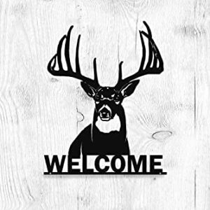 Welcome Whitetail Deer Buck Metal Wall Art Sign | Laser Cut | Black | Home Cabin Decor | Big Game Steel