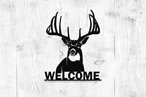 Welcome Whitetail Deer Buck Metal Wall Art Sign | Laser Cut | Black | Home Cabin Decor | Big Game Steel