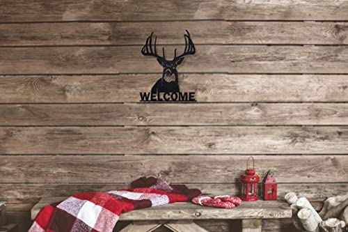 Welcome Whitetail Deer Buck Metal Wall Art Sign | Laser Cut | Black | Home Cabin Decor | Big Game Steel