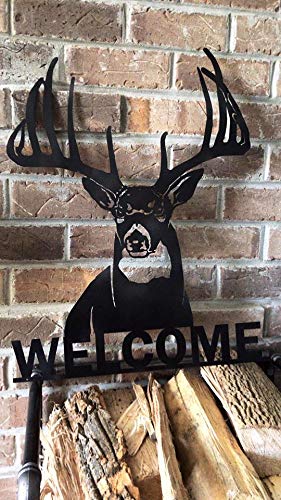 Welcome Whitetail Deer Buck Metal Wall Art Sign | Laser Cut | Black | Home Cabin Decor | Big Game Steel