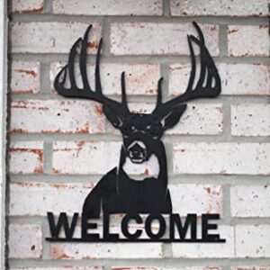 Welcome Whitetail Deer Buck Metal Wall Art Sign | Laser Cut | Black | Home Cabin Decor | Big Game Steel