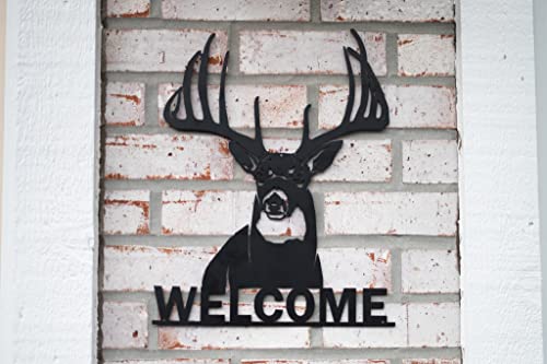 Welcome Whitetail Deer Buck Metal Wall Art Sign | Laser Cut | Black | Home Cabin Decor | Big Game Steel