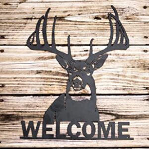 Welcome Whitetail Deer Buck Metal Wall Art Sign | Laser Cut | Black | Home Cabin Decor | Big Game Steel