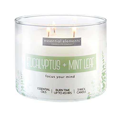 Essential Elements by Candle-lite Scented Candles, Eucalyptus & Mint Leaf Fragrance, One 14.75 oz. Three-Wick Aromatherapy Candle with 45 Hours of Burn Time, Off-White Color