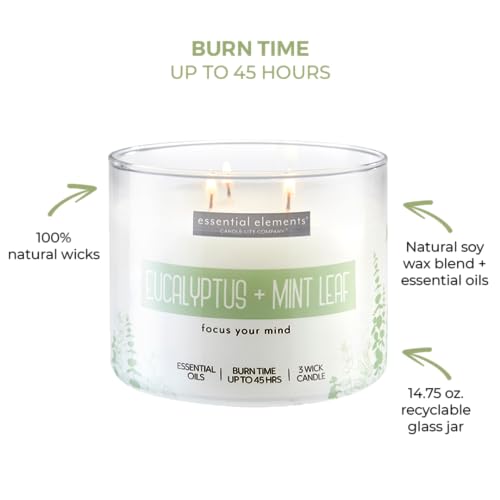 Essential Elements by Candle-lite Scented Candles, Eucalyptus & Mint Leaf Fragrance, One 14.75 oz. Three-Wick Aromatherapy Candle with 45 Hours of Burn Time, Off-White Color