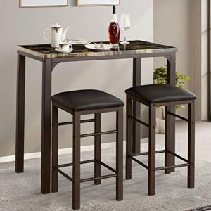 vecelo 3-piece pub dining set counter height breakfast table with 2 bar stools, seating for two, rustic brn