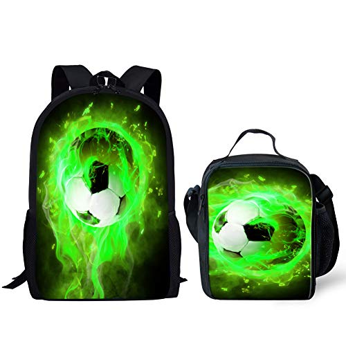 HUGS IDEA Green Fire Soccer Backpack Set for Teen Boys Student Primary Elementary School Bag with Lunch Box