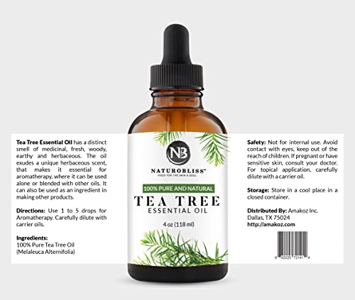 NaturoBliss 100% Pure(4 Fl Oz / 120 ml) -Undiluted Tea Tree Essential Oil, Therapeutic Grade - Perfect for Aromatherapy and Relaxation