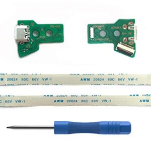 2PCs JDS-055 Replacement Charging Port Assembly for PS4 DualShock 4, Repair Part Micro USB Adaptor Charger Socket Board Connector Module for PlayStation DS4 Controller, Flex Cable, Tool Screwdriver