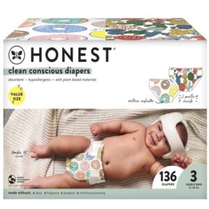 the honest company clean conscious diapers | plant-based, sustainable | cactus cuties + donuts | super club box, size 3 (16-28 lbs), 136 count