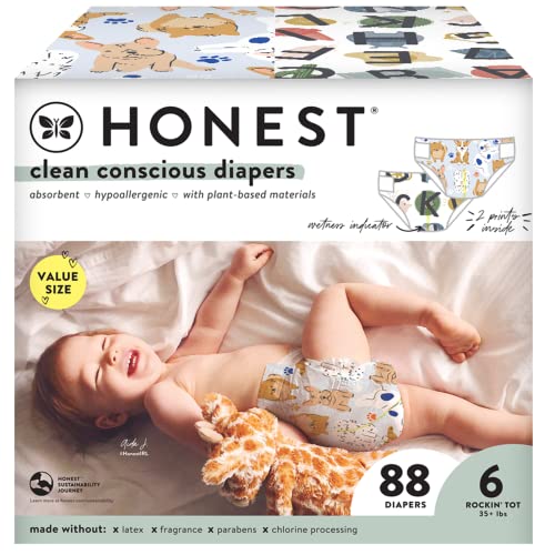 The Honest Company Clean Conscious Diapers | Plant-Based, Sustainable | All The Letters + It's a Pawty | Super Club Box, Size 6 (35+ lbs), 88 Count