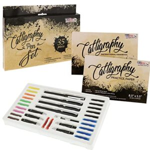 u.s. art supply 35-piece calligraphy pen writing set - 4 calligraphy pens, 5 size styles of pen nibs, 22 ink cartridges, instructional handbook, practice paper pad - kids, students, adults starter kit