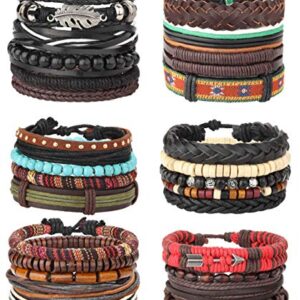 MILACOLATO 26Pcs Woven Braided Leather Bracelet for Men Women Hemp Cords Wood Beads Cuff Bracelets Adjustable Black