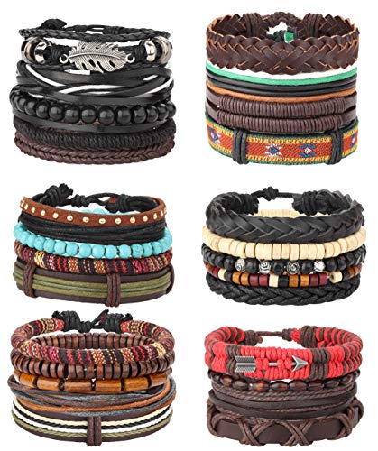 MILACOLATO 26Pcs Woven Braided Leather Bracelet for Men Women Hemp Cords Wood Beads Cuff Bracelets Adjustable Black