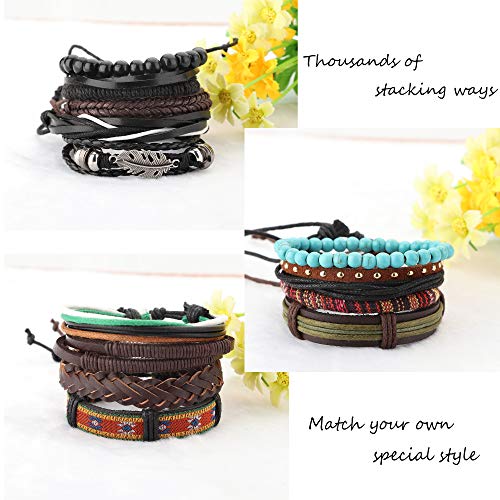 MILACOLATO 26Pcs Woven Braided Leather Bracelet for Men Women Hemp Cords Wood Beads Cuff Bracelets Adjustable Black