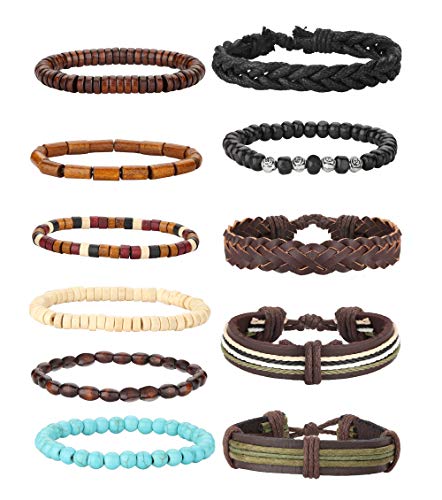 MILACOLATO 26Pcs Woven Braided Leather Bracelet for Men Women Hemp Cords Wood Beads Cuff Bracelets Adjustable Black