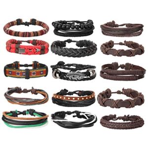 MILACOLATO 26Pcs Woven Braided Leather Bracelet for Men Women Hemp Cords Wood Beads Cuff Bracelets Adjustable Black