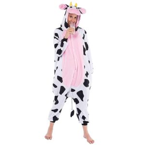spooktacular creations unisex adult pajama plush onesie one piece cow animal costume (large)