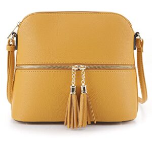 sg sugu lunar lightweight medium dome crossbody bag shoulder bag with double tassels | zipper pocket | adjustable strap|mustard