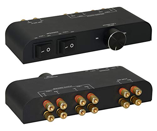 XtremPro 2 Way Speaker Switch, 1 in 2 Out Way Pair Stereo Speaker Selector W/Volume Control Metal Non-Slip Box - Black (61052), 9.0 x 3.25 x 1.5